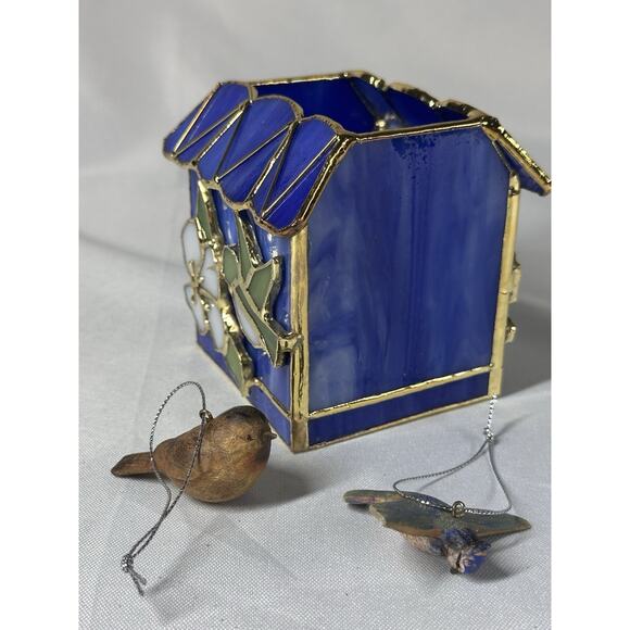 Stained Glass Hummingbird House w/ Flower 4" Tall Candle Votive Holder / 2 Birds - Picture 2 of 8